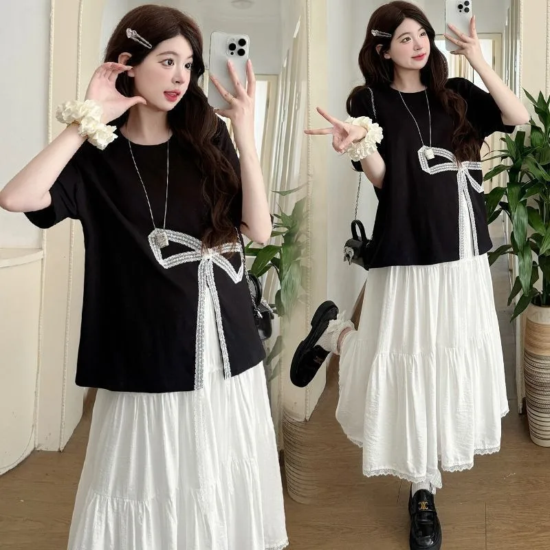 

2025 Summer New Women Sweet Tops Skirt Matching Sets Lady Graceful Black Split Bowknot Loose T Shirts White Skirt Outfits