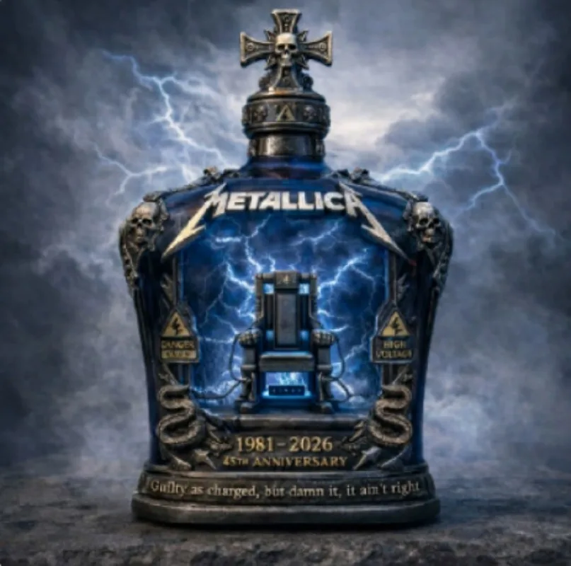 Metallica 45th Anniversary Limited Edition Whiskey Decanter - Rock Band Collectible Glass Bottle with Skull Cross Decor  Gift