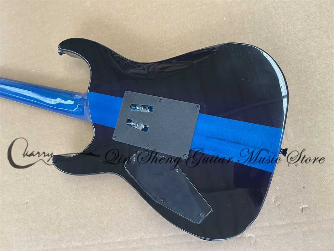 Blue Electric Guitar Flamed Maple Top Maple Neck Though Body Rosewood Fingerboard flame inlaid Tremolo bridge Black tuners