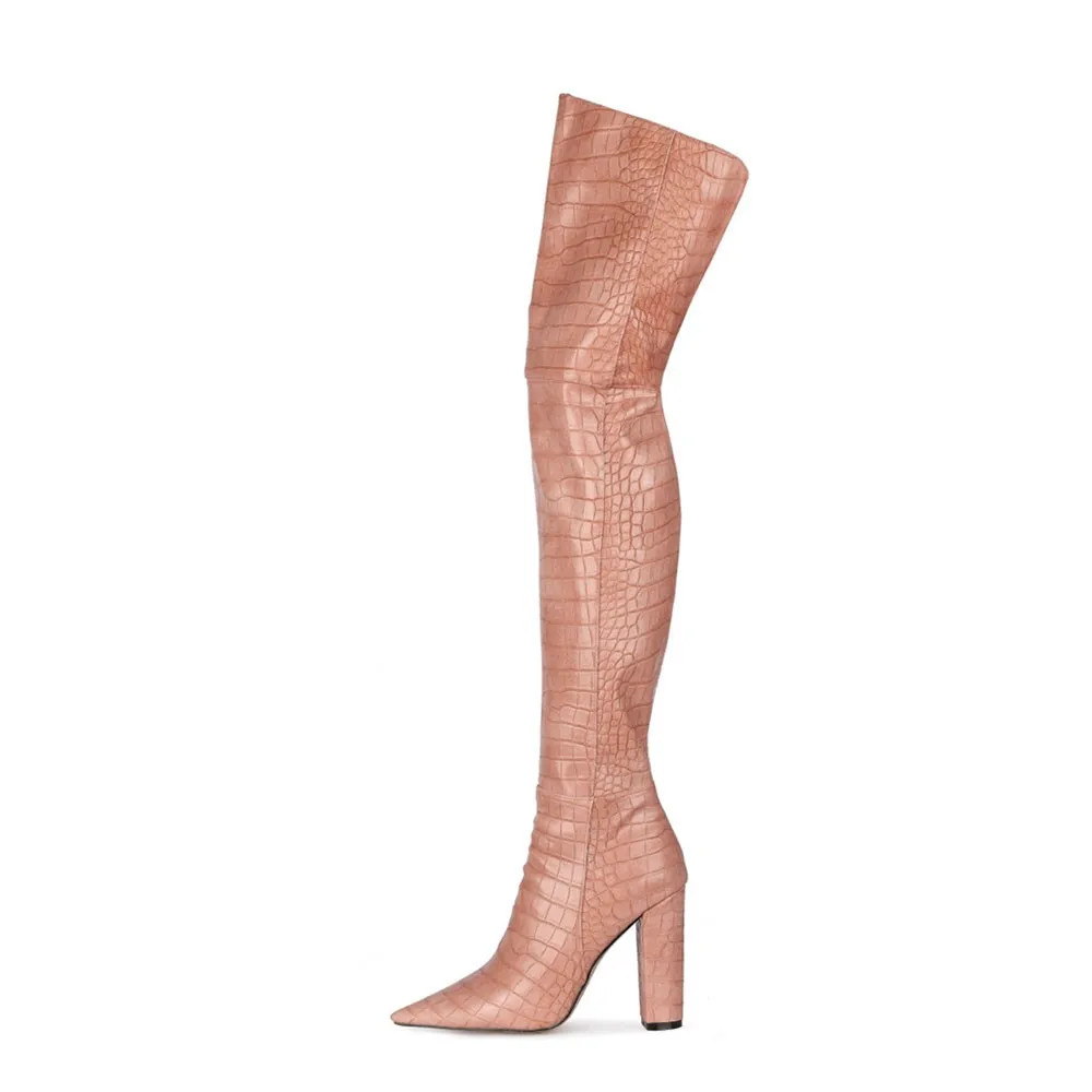 

Arden Furtado 2024 Pink crocodile grain Over the knee boots Pointed toe Side zipper Chunky heels Modern boots Extra large size