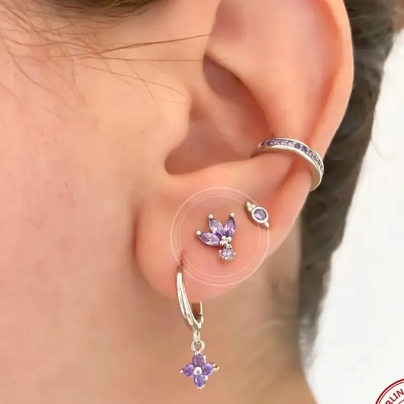 925 Sterling Silver Needle Luxury Purple Crystal Heart Stud Earrings for Women Geometry Cross Pendant Earrings Fashion Jewelry