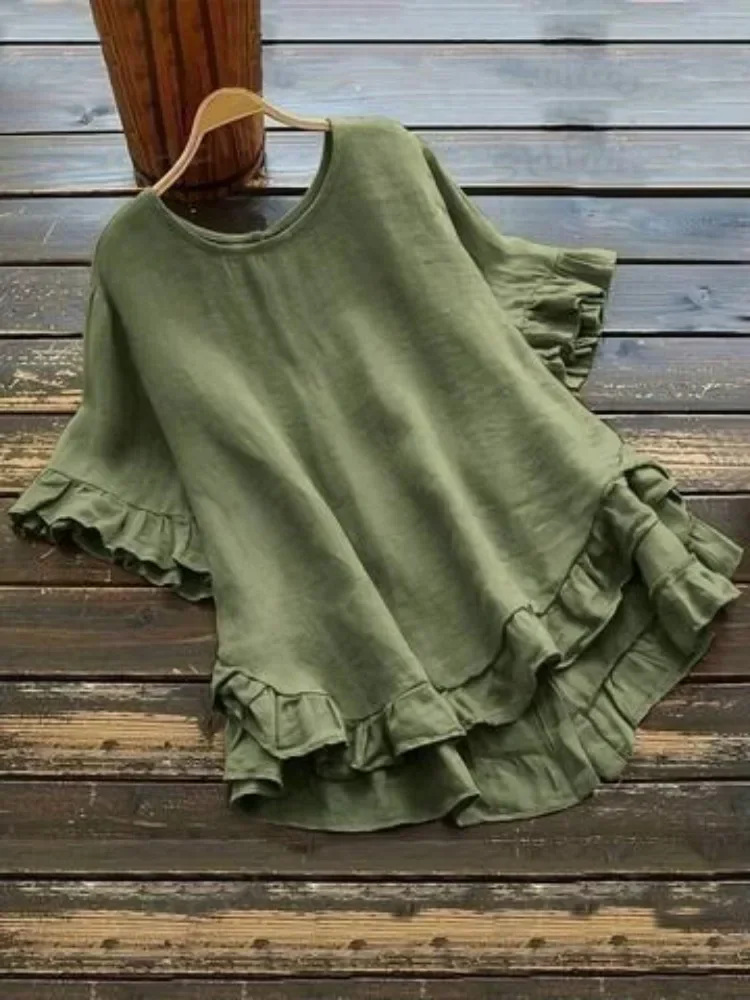 

Женская однотонная повседневная футболка больших размеров 1XL-5XL с короткими рукавами и круглым вырезом, женская футболка с рюшами по подолу, женский топ на пуговицах сзади