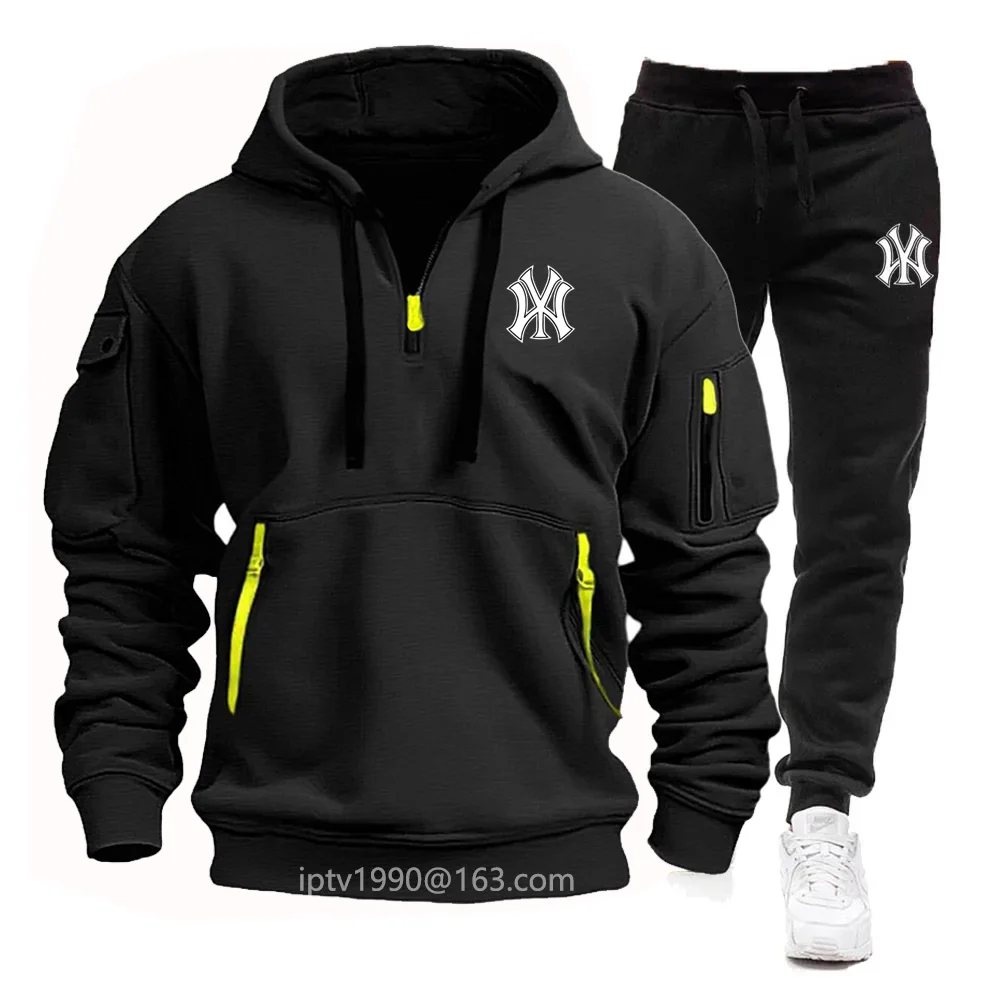 Men's new leisure fitness jogging sports clothing set spring and autumn multi-pocket zipper hoodie + sweatpants two-piece set