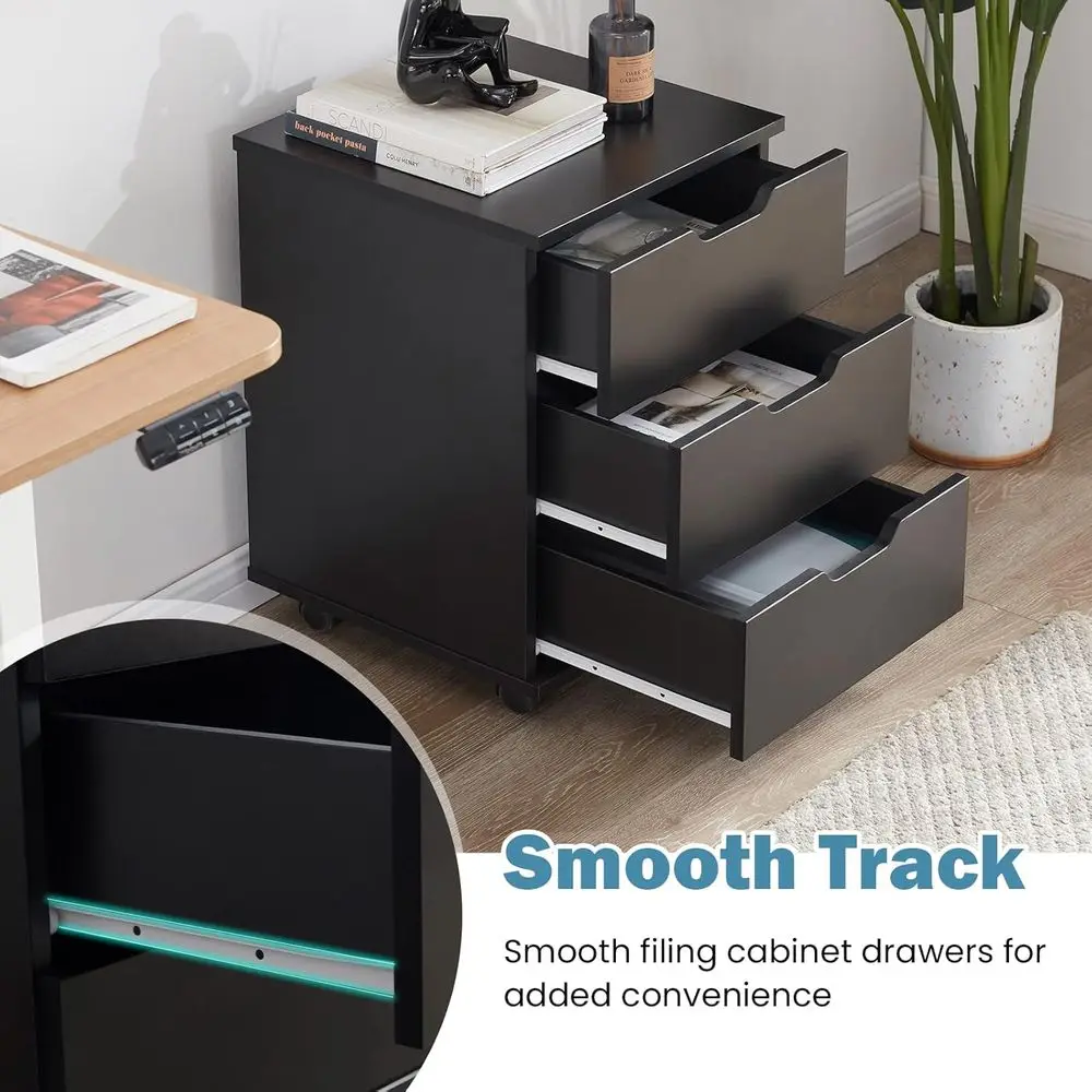 خزانة تخزين خشبية للمكتب المنزلي بثلاثة أدراج مع قفص مكتب باللون الأسود
