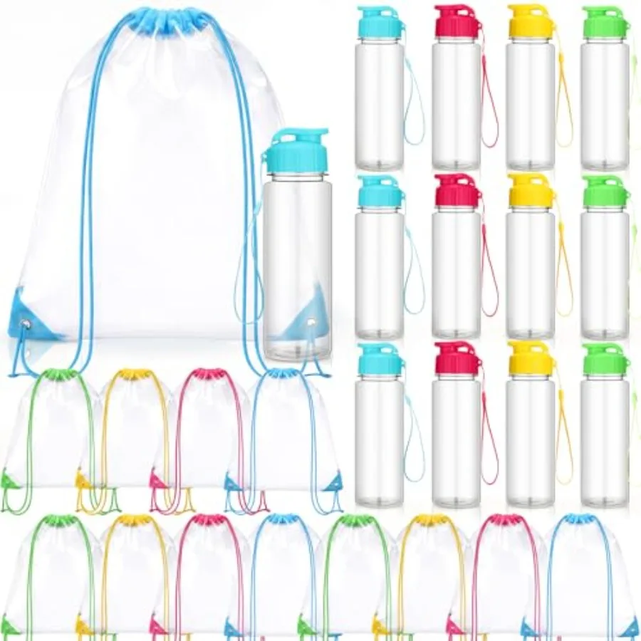 

24 Pcs 18 oz Plastic Water Bottle Bulk and Clear Drawstring Backpack Set Reusable Adult Sport Water Bottle with Handle Cinch Gy