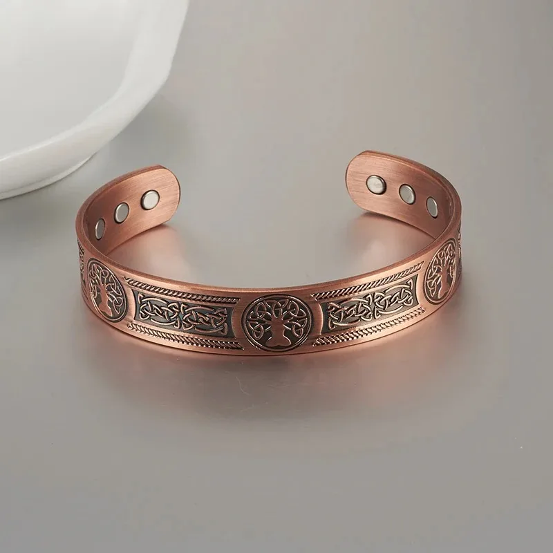 Yggdrasil Viking Pure Copper Bracelets Magnetic Adjustable Vintage Cuff Bangles 15mm Health Energy High Magnet Jewelry Resizable