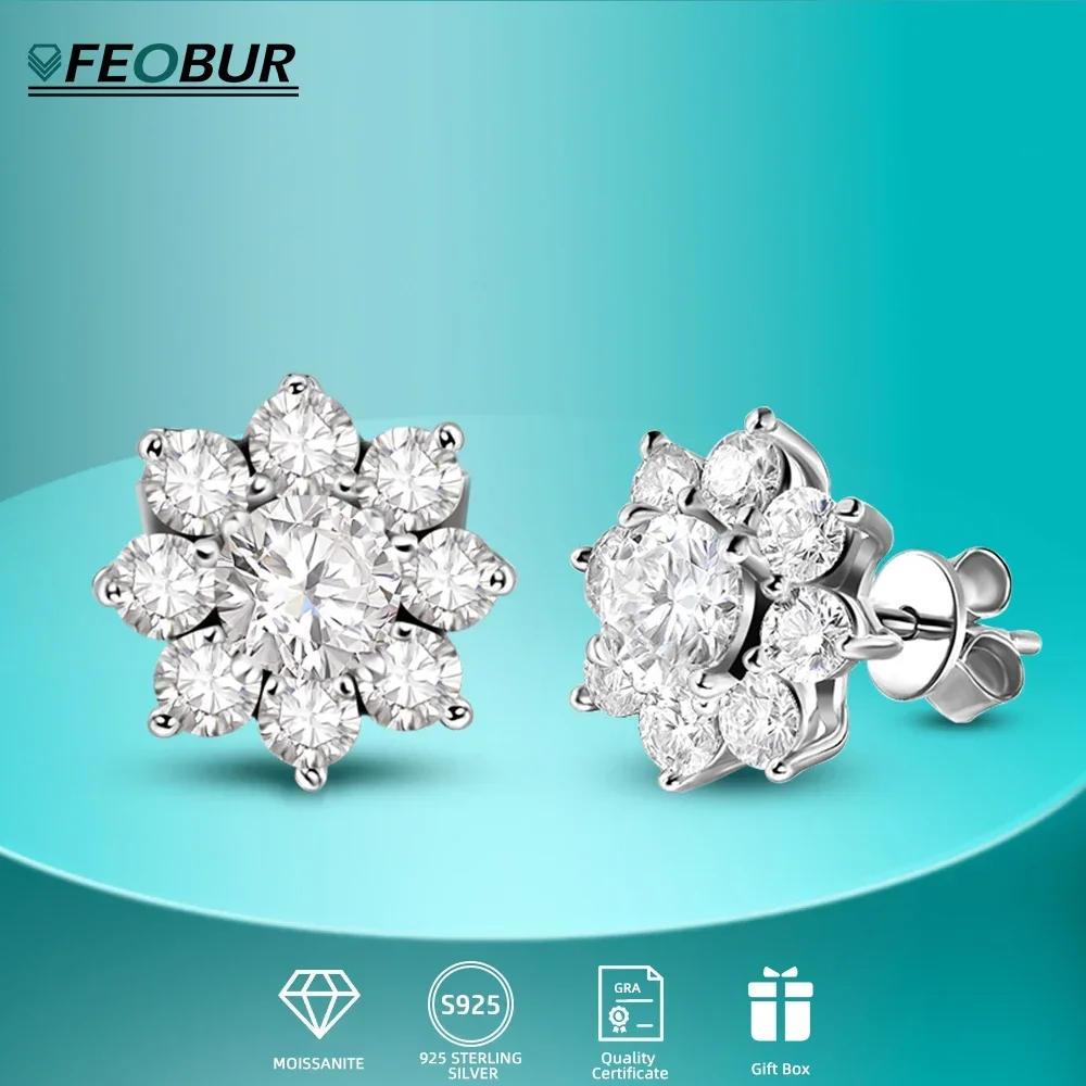 2.8CT Moissanite Diamond Stud Earrings for Women S925 Silver Sunflower Cluster Earrings with Certificate Wedding Jewelry Gifts