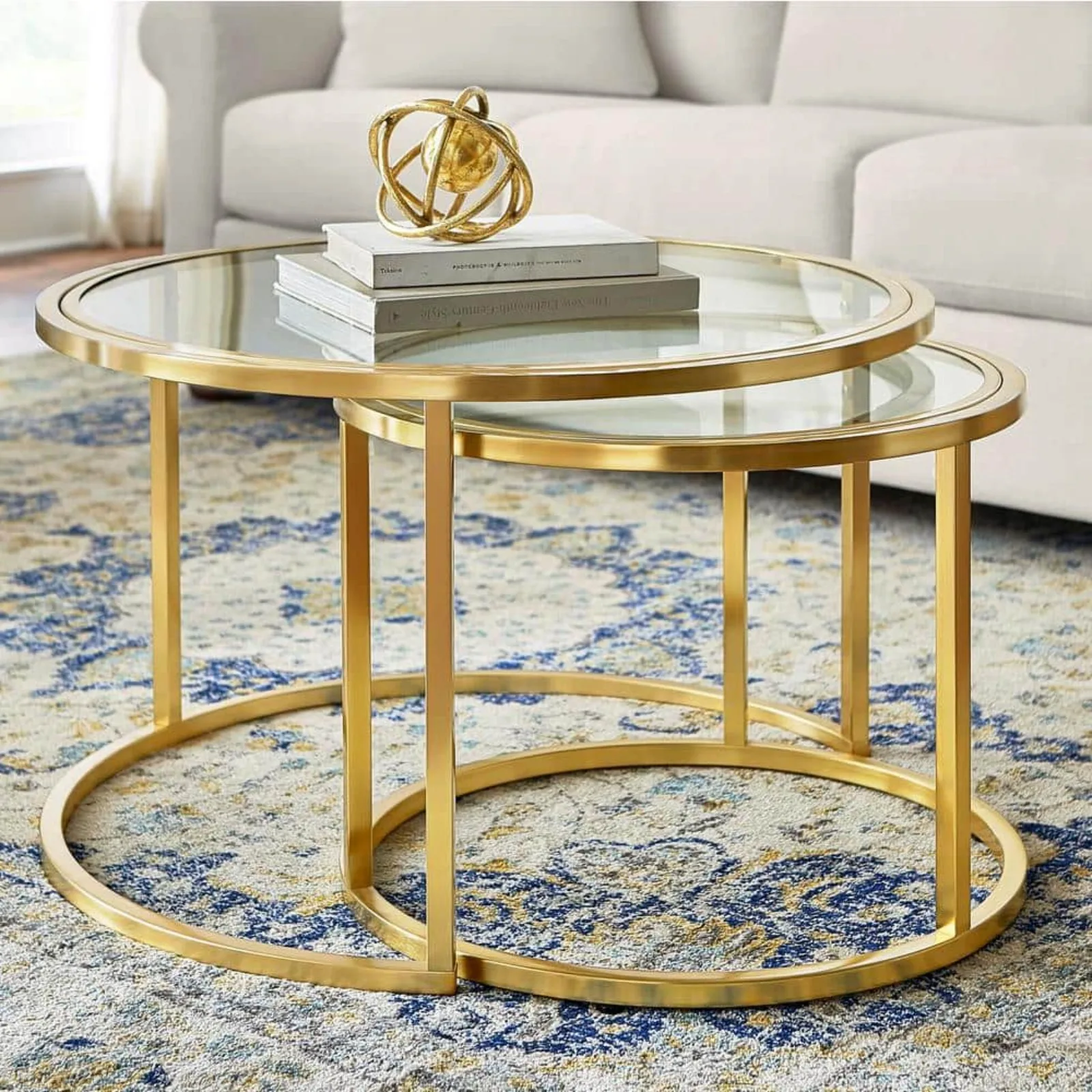 2-Piece 31 in. Gold/Marble Medium Round Marble Coffee Table Set