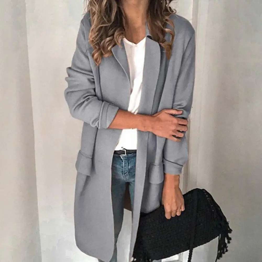 

Autumn Women Long Blazer Solid Color Loose Cardigan Long Sleeve Suit Jacket Elegant Fake Pockets Casual Blazer For Daily Life