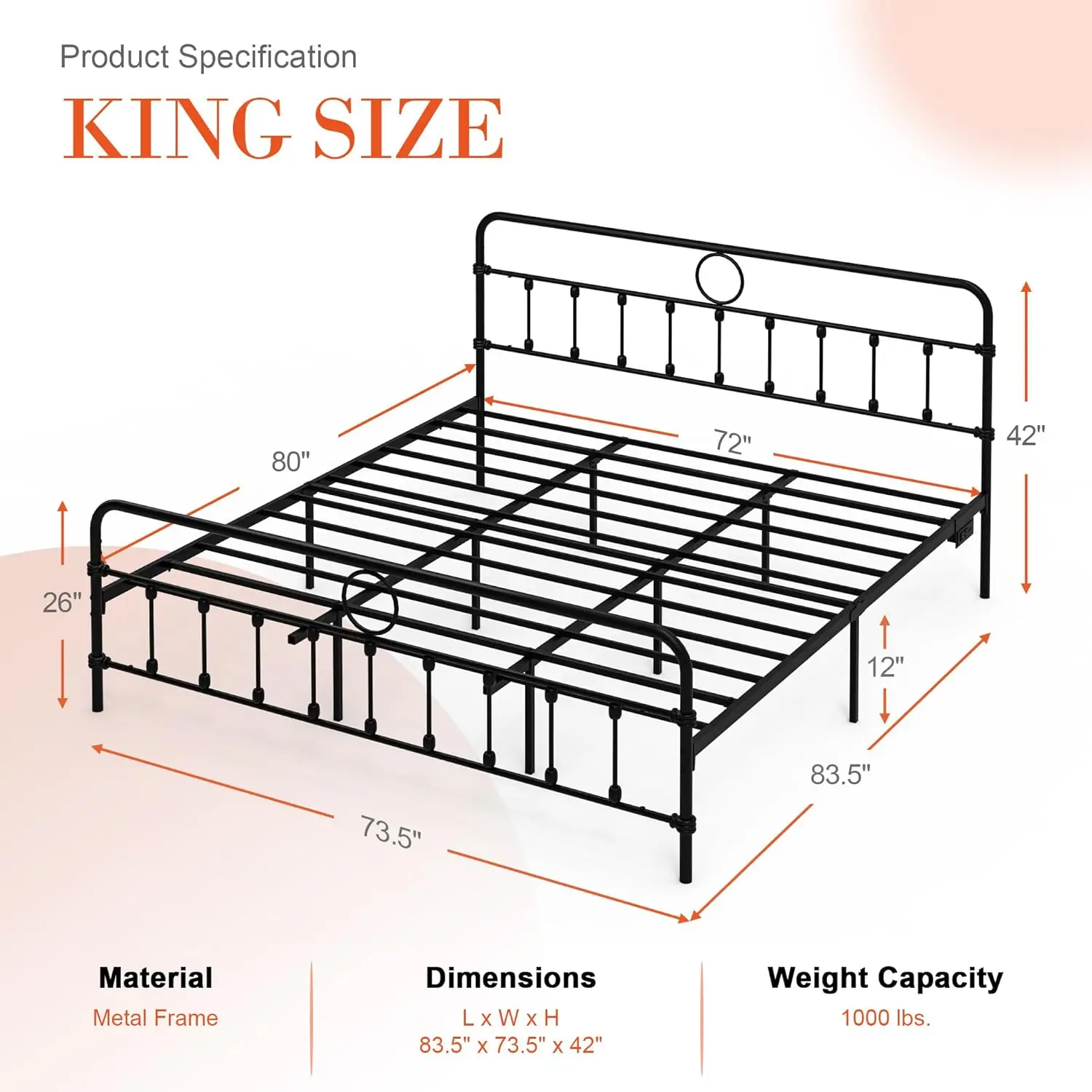 Metal Bed Frame With Headboard, Twin, Full, Queen, King Sizes Bed Frame, 12-Inch Clearance Bed Frame With Detachable Charging