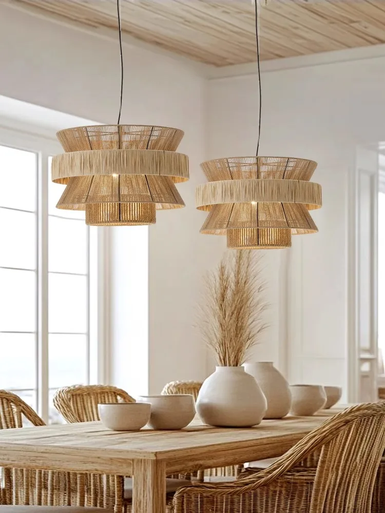 

Minimalist Wabi Sabi E27 Led Ceiling Chandelier over the table kitchen Lighting for home Retro Hemp Rope Round Light homestay