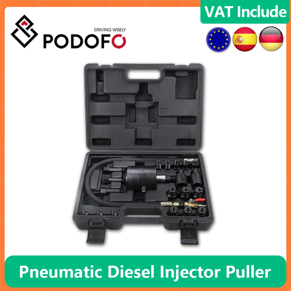 Podofo 21Pcs Pneumatic Injector Puller Tool Set Injectors Air Source 5~8 bars Diesel Fuel Pneumatic Injector Remove Puller Kit