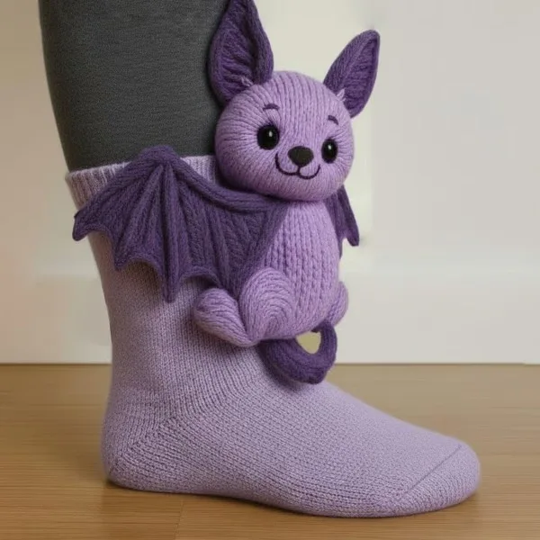 

Purple Bat Hand-Crocheted 3D Socks, Double-Layer Warm Winter Animal Soft -Pilling Hand Washable Cozy (Ideal Christmas Gift)
