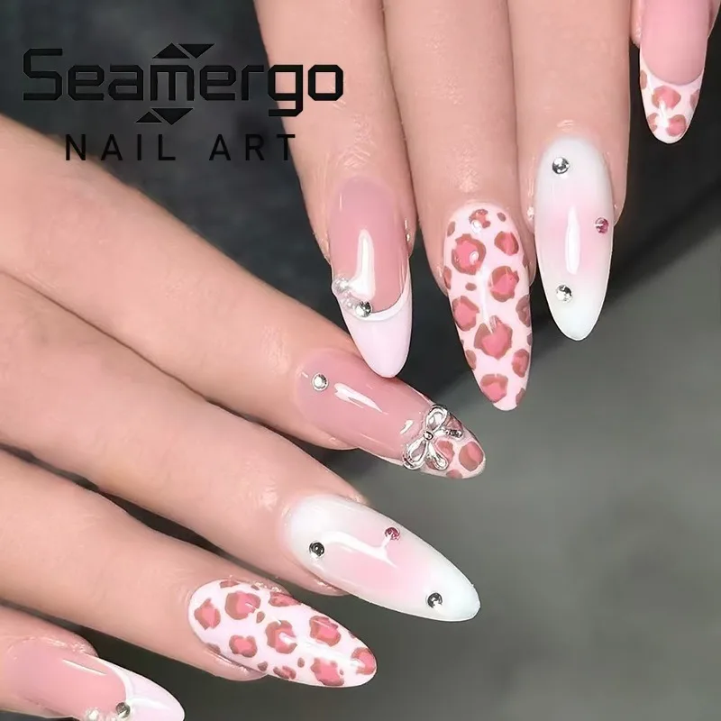 

24PCS Pink Leopard Print Blush Almond Press on Nails Sweet Bowknot False Nails Simple French Fake Nails with Diamond Wearable