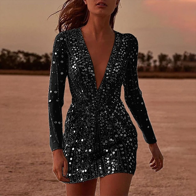 Women Sexy Glitter Dress Elegant Deep V Neck Sequin Mini Bodycon Dress Spring Long Sleeve Party Club Dresses AliExpress