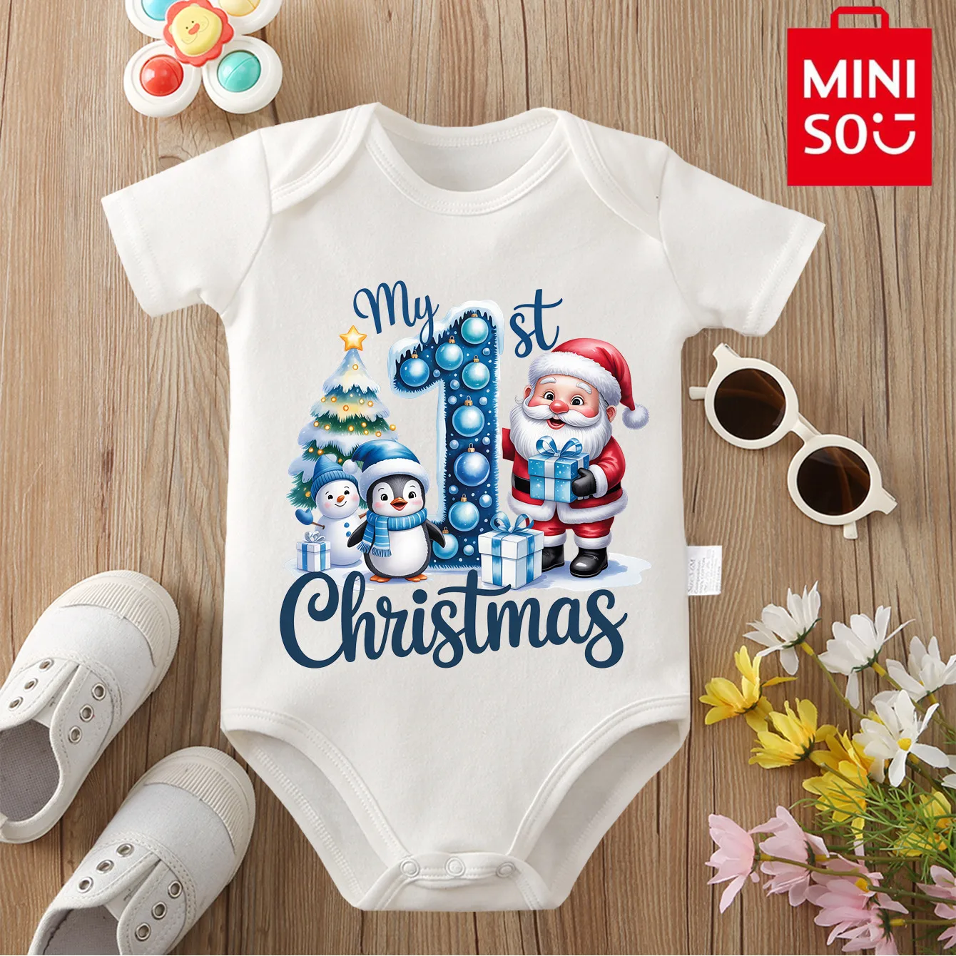 

MINISO 100% хлопок, первый рождественский Санта-Клаус, одежда HOHO, комбинезон, боди для новорожденных 0-12 месяцев, лучший подарок для ребенка