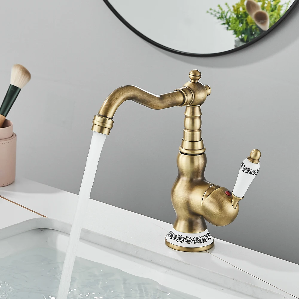 

Bathroom Basin Faucet Antique Brass Hot & Cold Mixer Tap Single Hole Single Lever Faucet for Kitchen