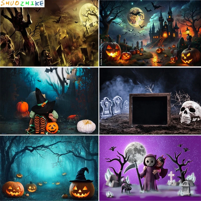 

Pumpkins Halloween Day Spooky Backdrop Lanterns Cobwebs Full Moon Wicked Eerie Evil Scary Dark Night Forest Background HA-01