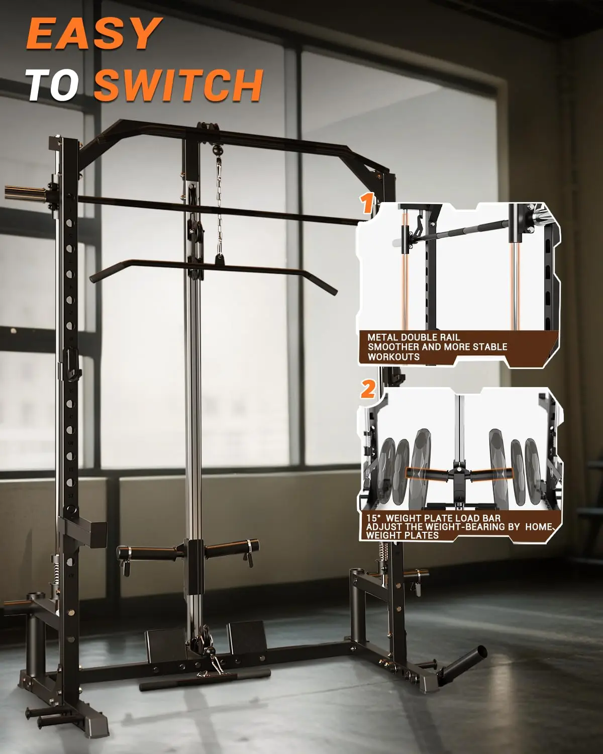 Heavy Duty Smith Machine Power Cage - Integrated Cable Pulley & Lat Pulldown System - Barbell, Safety Spotter Arms, J Hooks, Landmine - Full Body Home Gym Strength Training Equipment
