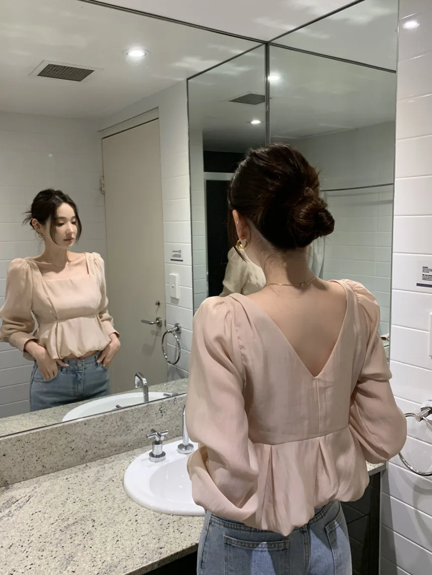 

Chic Chic Bubble Sve Chiffon irt Women's Sweet Bal Waist Cinching ort Pleated Flower Bud Top Square Collar Long S...