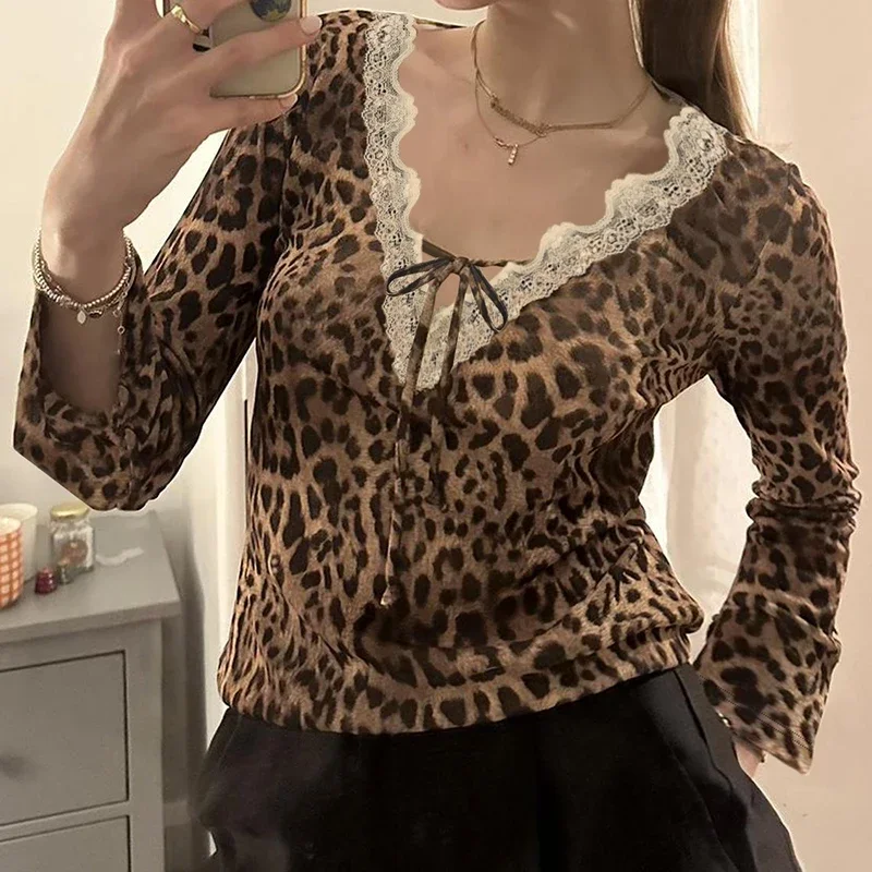 

Leopard Print T-shirt Coquette Aesthetic Tie-up Bow Top Retro Slim-fit Contrast Lace Patchwork Tops Sexy Streetwear 2024