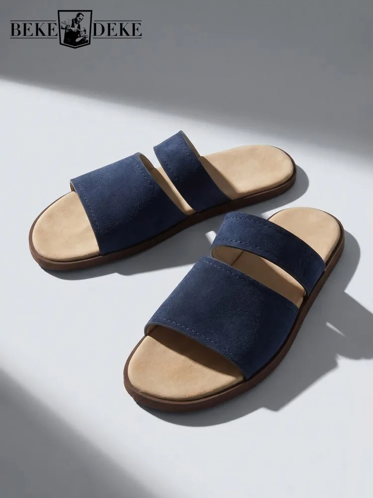 Summer Outside Daily Casual Mens Genuine Leather Slippers Open Toe Breathable Solid Color Cow Suede Flat Shoes Vintage Slides