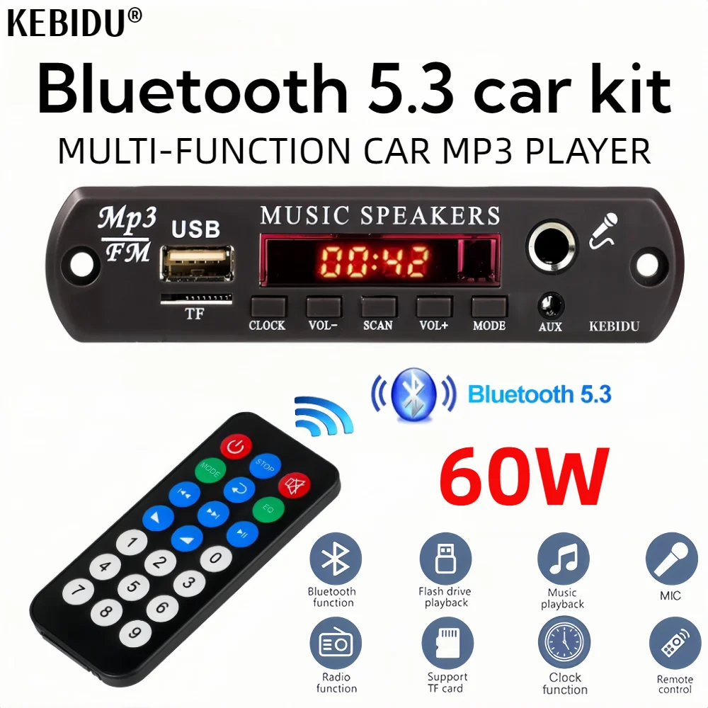 DC 12V Bluetooth 5.3 MP3 APE Dekoder Płyta 30W 60W Wzmacniacz 6.5mm Mikrofon Zegar Wyświetlacz czasu USB TF FM AUX Samochodowy odtwarzacz muzyczny