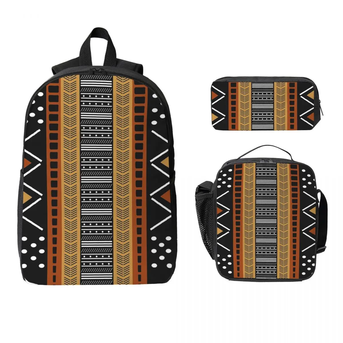 

African Bogolan Backpack Student Boys Girls BookBag School Bag Computer Shoulder Bags 3ps Insulated Lunch Bag Pencil Case
