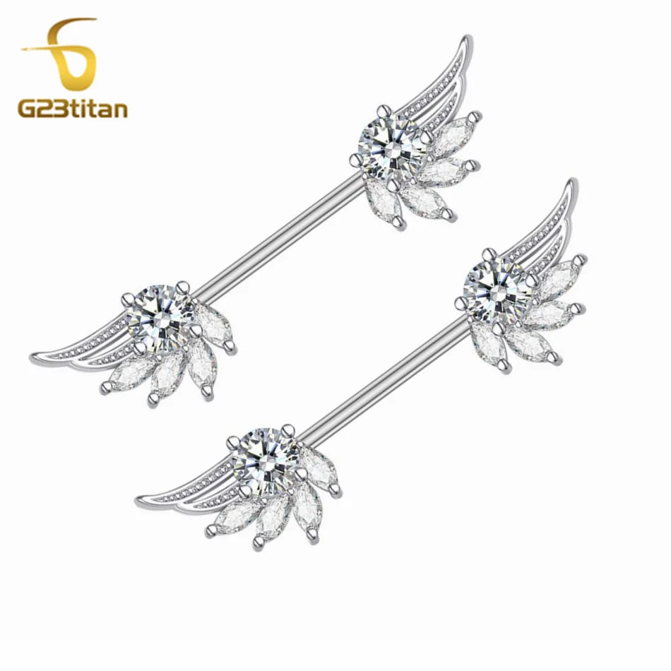 2pcs High Quality Zircon Angel Wings Nipple Rings Piercing Titanium Steel 14G Barbell Women Sexy Summer Nipple Jewelry Accessory