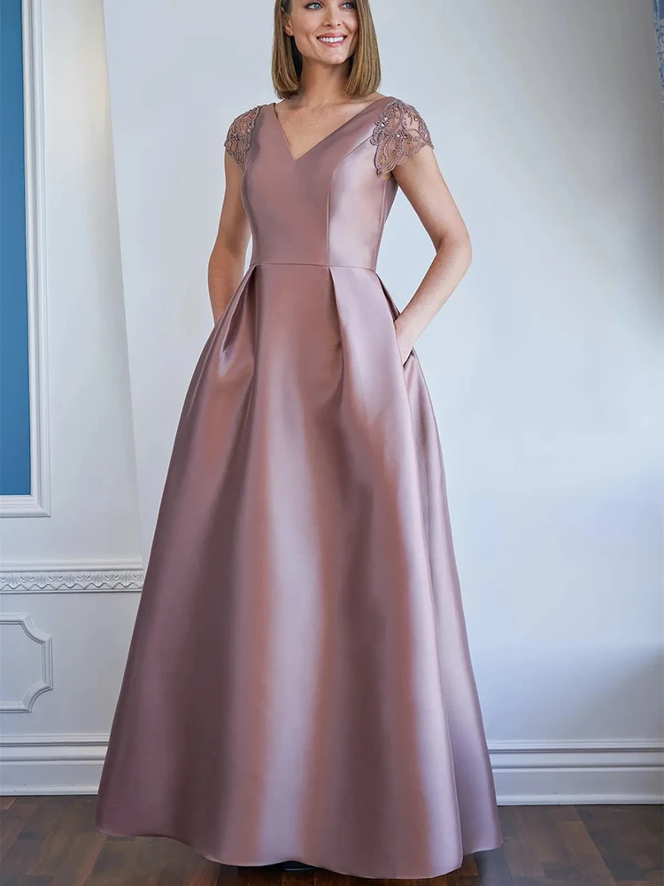 Floor Length A Line V Neck Capped Sleeve Lace Beading Satin Mother of the Bride Dresses For Weddings فساتين السهرة Summer