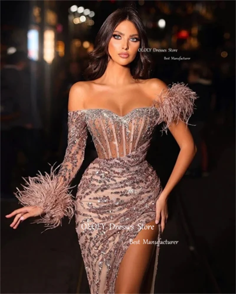 OLOEY Luxury Feathers Glitter Sequin Lace Mermaid Evening Dresses Split One Shoulder Long Sleeve Dubai Arabic Women Prom Gowns