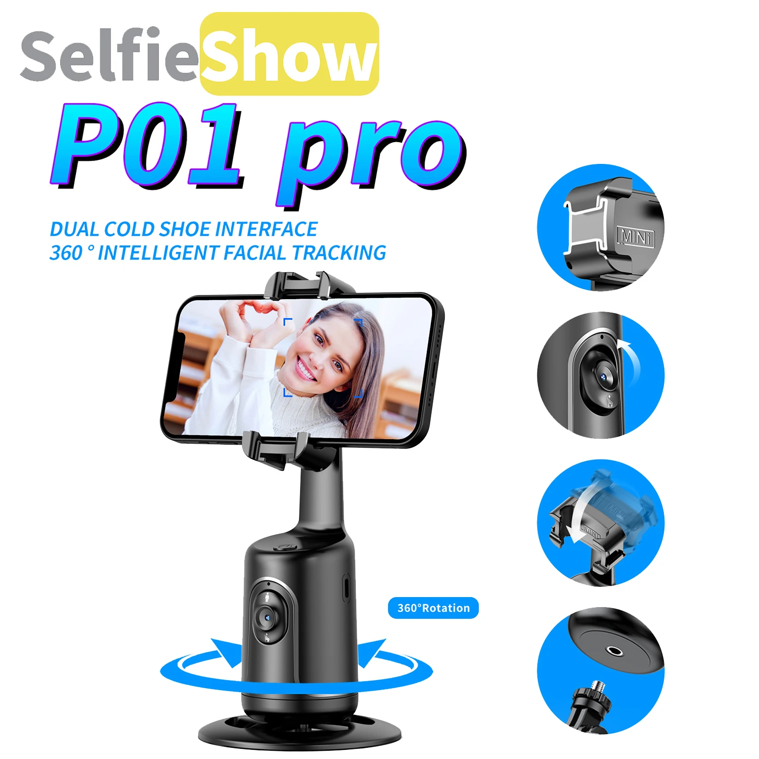 

P01 pro 360 Rotation Gimbal Stabilizer Cold Shoe Wireless Bluetooth AI Tripod Auto Face Tracking Desktop for Smartphone Live