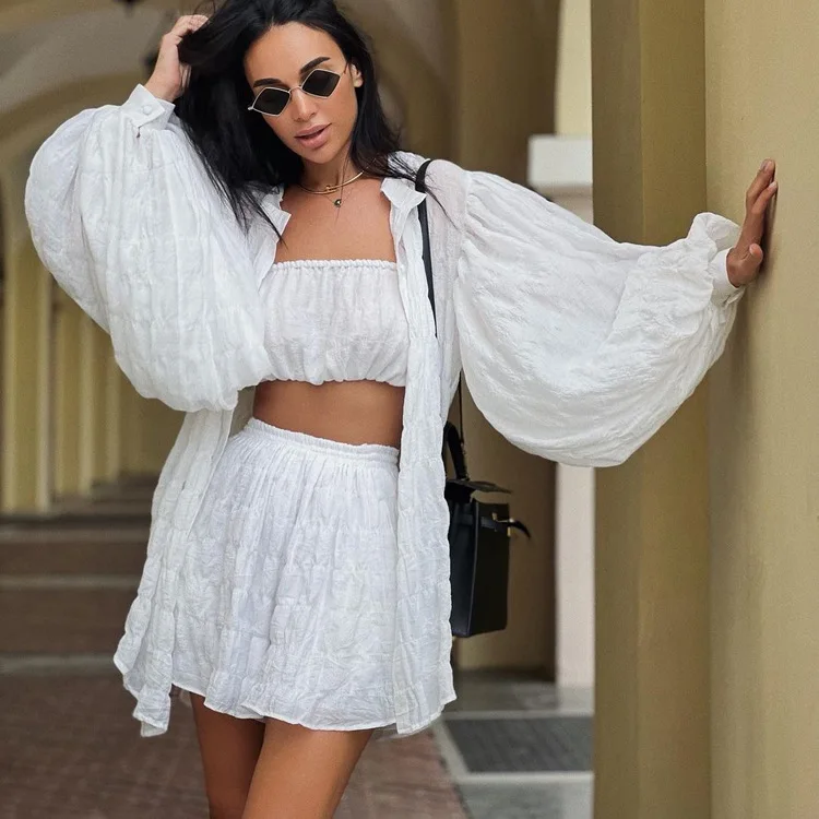 

Women's 3 Pcs Pajama Set with Shorts Long Lantern Sleeve Spring Ladies Sleepwear Summer Loose Tube Comfortable Lounge Female