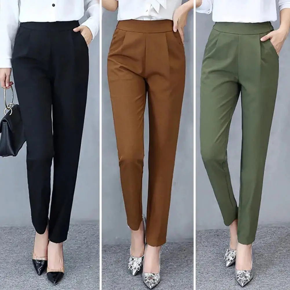 Woman Pants High Waist All Match Elegant Commute Thin Everyday Wear Polyester Solid Color Suit Pants for Travel