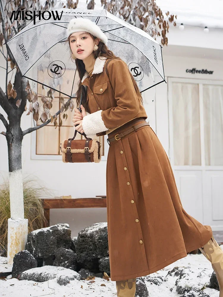 MISHOW Lamb Wool Lapel Coat Pleated Skirt Separately 2024 Winter Fashion Solid Midi Skirt Faux Deerskin Velvet Top MXC56W0263