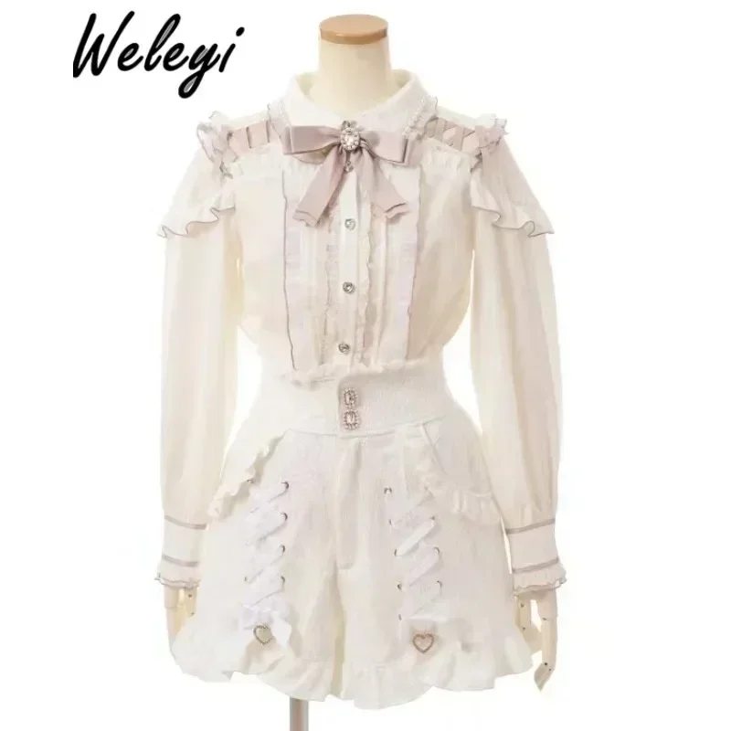 Jirai Kei Women Shirts Lolita Sweet Japanese Spring Top Mine Series Mass Production Off Shoulder Hollow Lace Long Sleeve Blouse