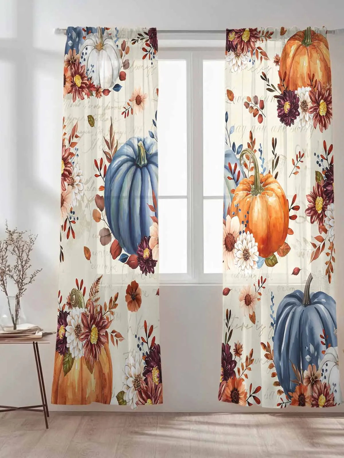 

Fall Thanksgiving Pumpkins Floral Tulle Sheer Curtains for Living Room Bedroom Kitchen Decoration Voile Organza Curtains