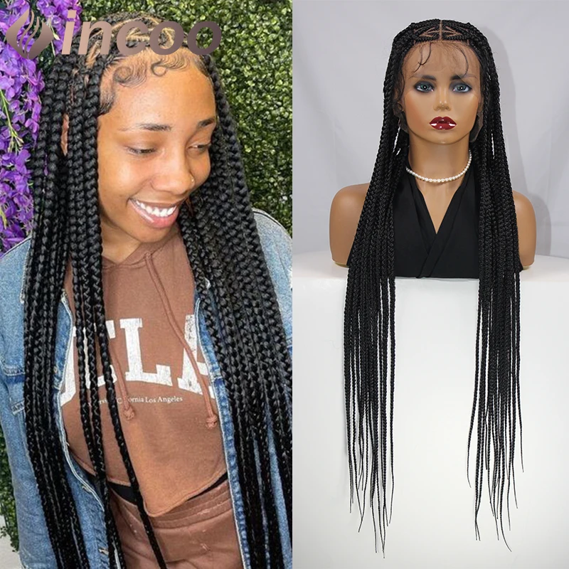 

INCOO Full Lace Long Synthetic Knotless Box Braid Wig 36 Inch Heart Braided Long Lace Wigs for Black Women Cornrow Braids Wigs