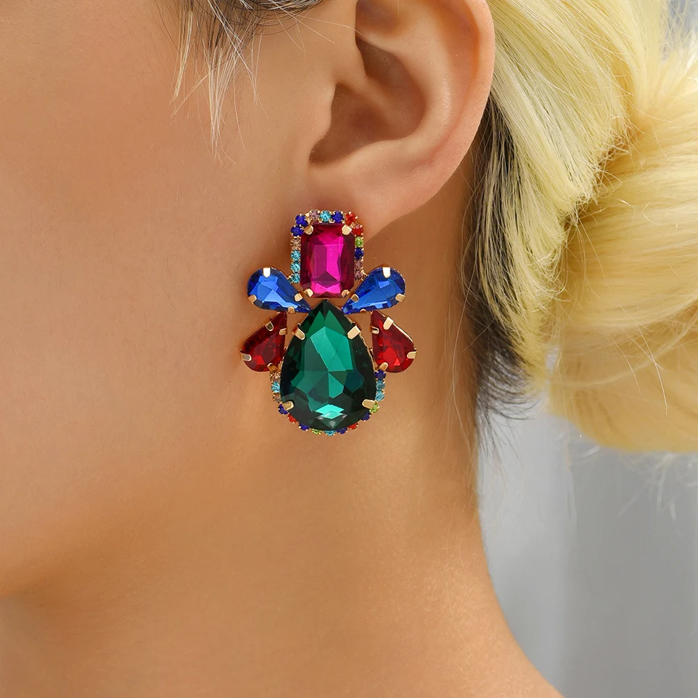 Luxury Charm Y2k Pendnat Jewelry Vintage Multicolored Sparkly Crystal Glass Teardrop Dangle Drop Earrings For Women Trendy Gift