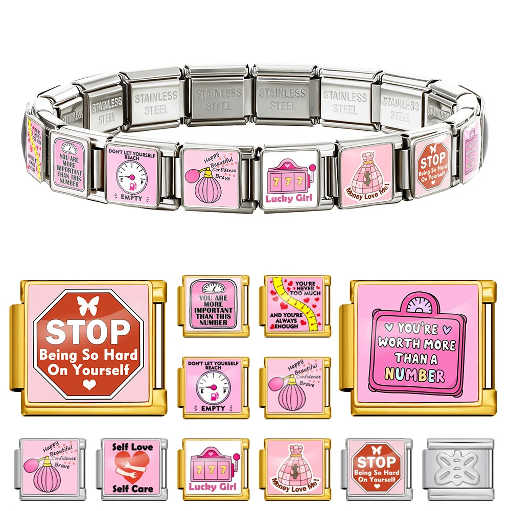 1pc Pink Perfume Bottle Wallet Self Love Stainless Steel Jewelry Italian Link Fit 9mm Original Design Charm Bracelet DIY Making