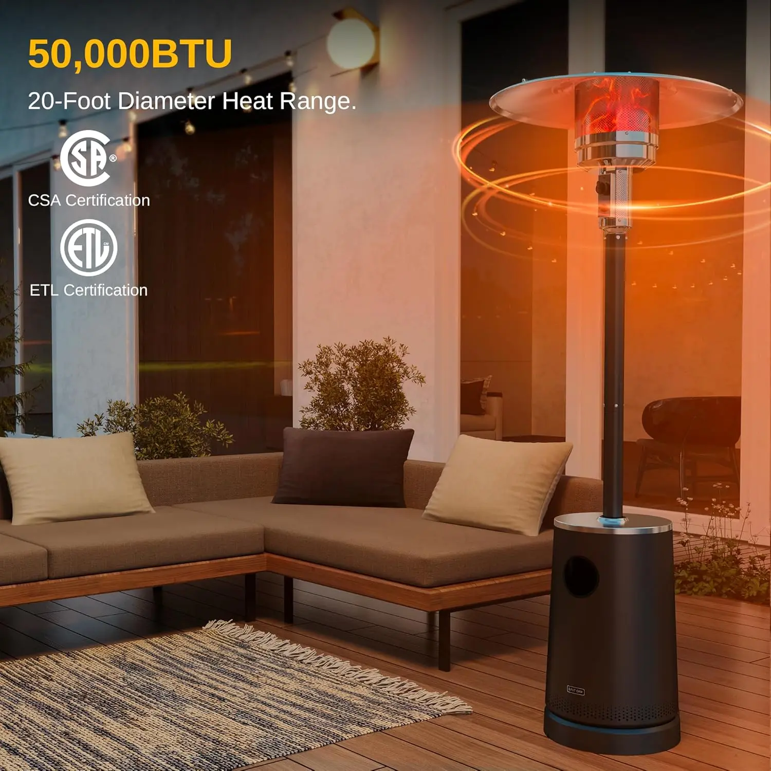 50,000 BTU Patio Heater with Sand Box, Table Design, Double-Layer Stainless Steel Burner, Wheels, Triple Protection Sys