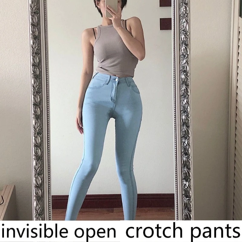 

Invisible Crotch Pants High Waist Peach Hip Elastic Light Blue Denim Trousers Women's Small Feet Pencil Pants, Convenient