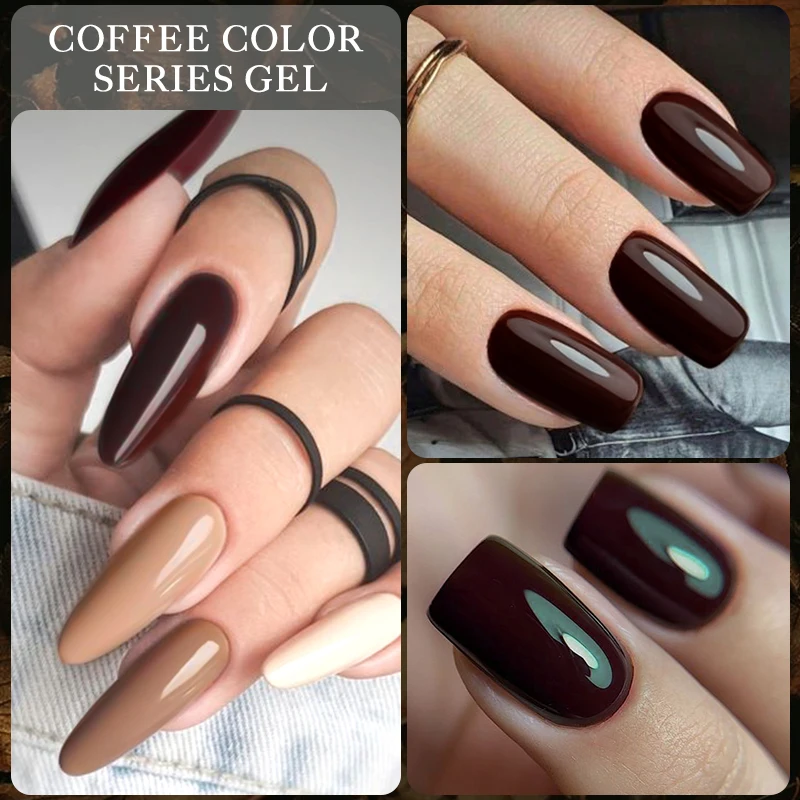 Mtssii 6pcs Coffee Color Gel Nail Polish Set Pink Brown Semi-permanent Nail Polish UV Glue Base Top Coat Nail Art Manicure Kit