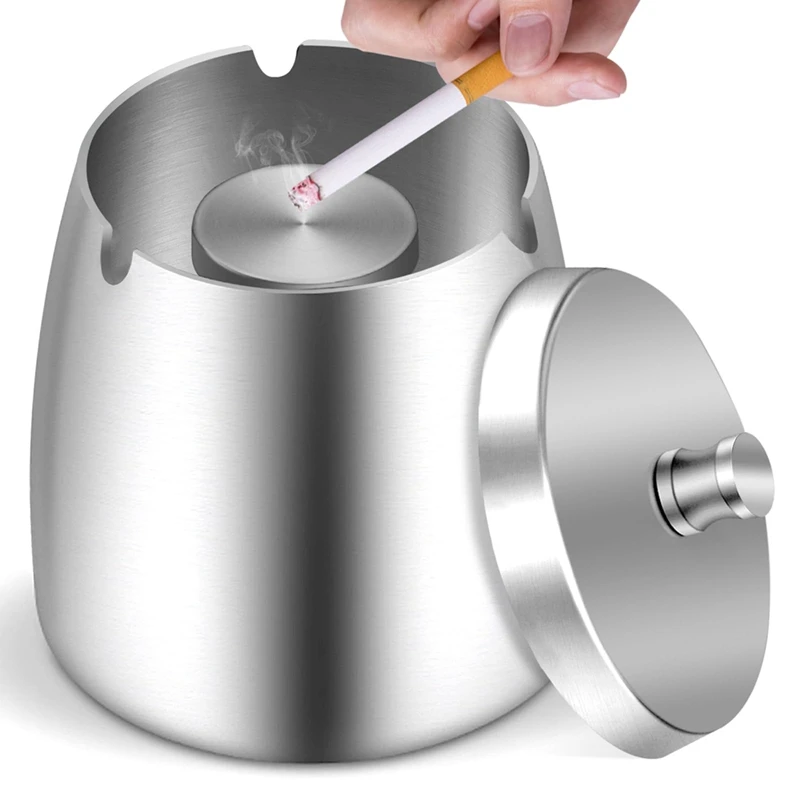 Cenicero grande de acero inoxidable para exteriores, bandeja para cenizas sin humo, a prueba de viento, con tapa, para Patio exterior