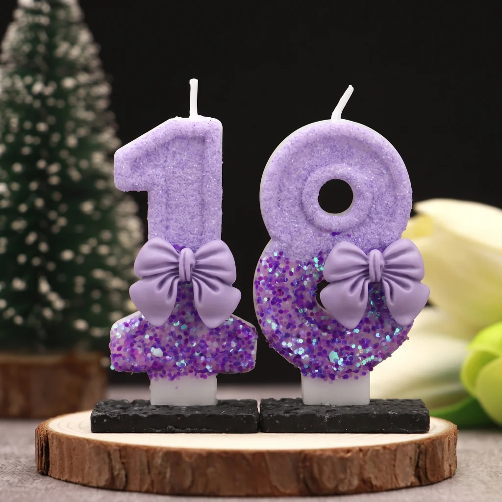 Lila 3D Glitzer-Schleifen-Geburtstagskerze - Party-Kuchendekoration Zubehör