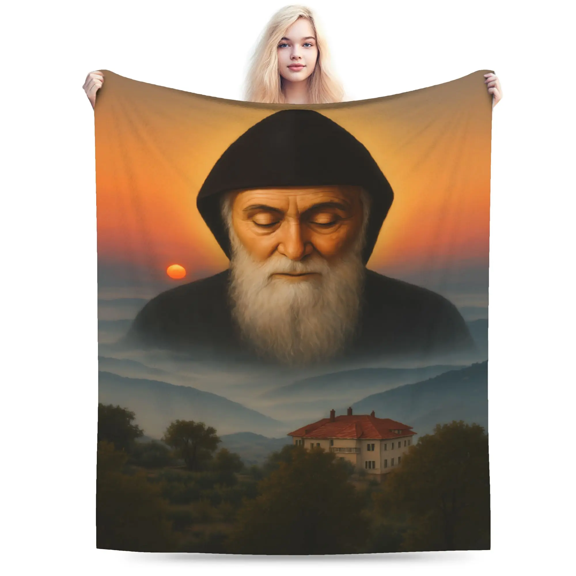 Reverent Saint Charbel Black White Portrait Flannel Blankets  Warm Soft Throw Blanket for Couch Bed Airplane Bedspread Sofa Bed