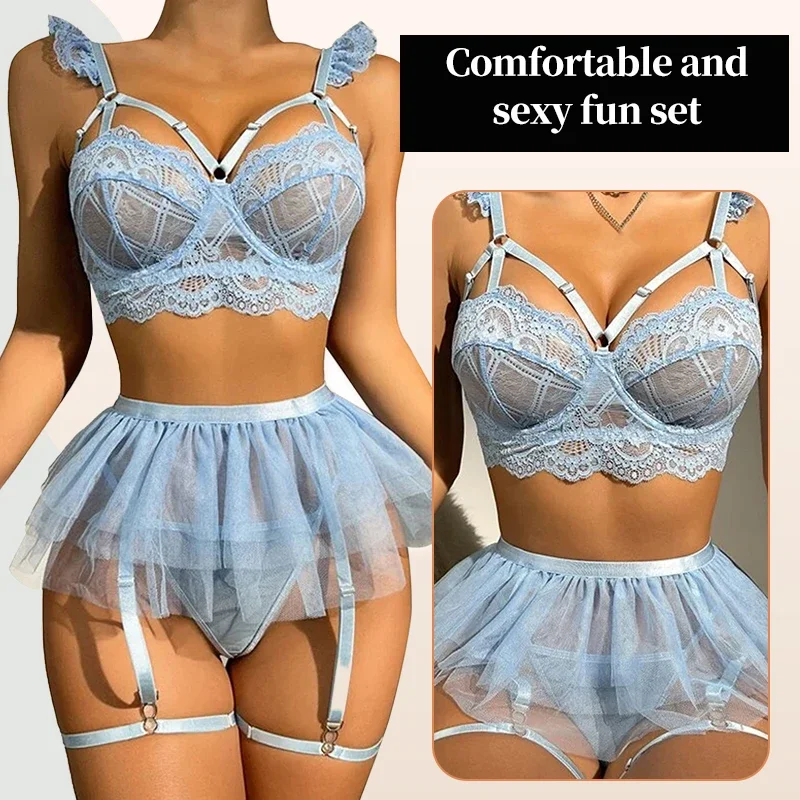 

New Fashionable and Sexy Lace Sheer Flower Bra Short Skirt Pajama Set for Women's Sexy Home Bra Pajama Set