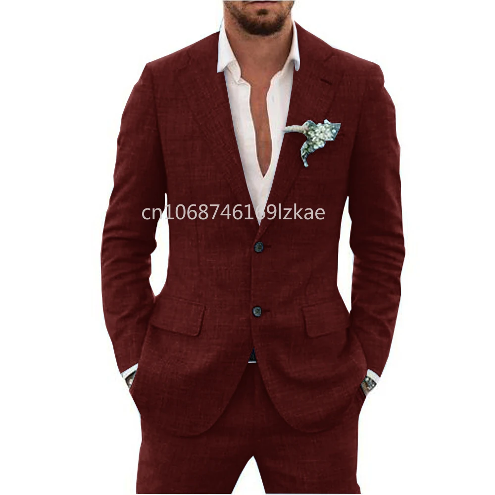 2024  Linen Suiting Fabric Full Men's Suit Lapel Collar Single-breasted 2 Piece Set Elegant Man Suits High Quality Blazer