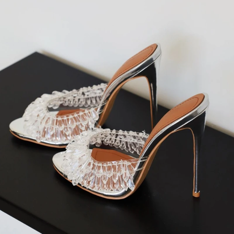 

Fashion Rhinestone Fringe Clear Drip Open Toe Mules Silver Metallic Leather Slip On High Heels Summer Dress Shoes