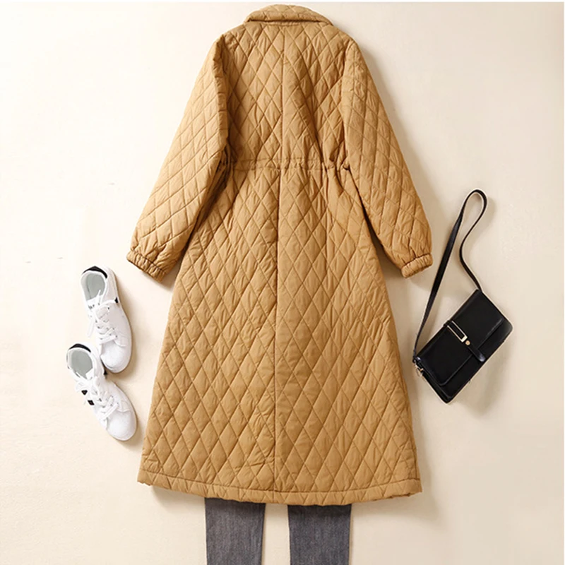 Leichte Baumwoll-Windjacke für Damen, mittellang, mit Kordelzug an der Taille, schlankmachender Baumwollmantel, Winter, neue warme Langarm-Oberbekleidung